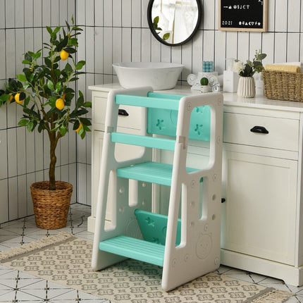 Children's Kitchen Stool with Double Safety Handrails & 3 Adjustable Heights & Non-Slip Feet Green