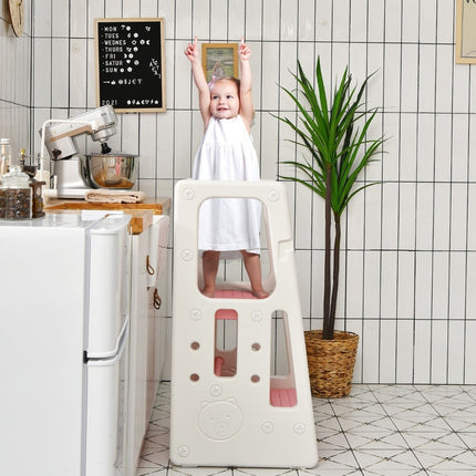 Children's Kitchen Stool with Double Safety Handrails & 3 Adjustable Heights & Non-Slip Feet Pink