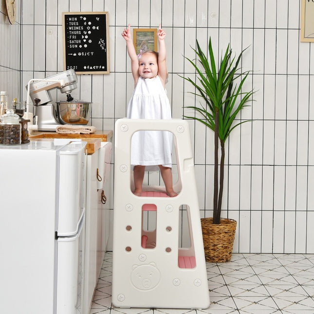 Children's Kitchen Stool with Double Safety Handrails & 3 Adjustable Heights & Non-Slip Feet Pink