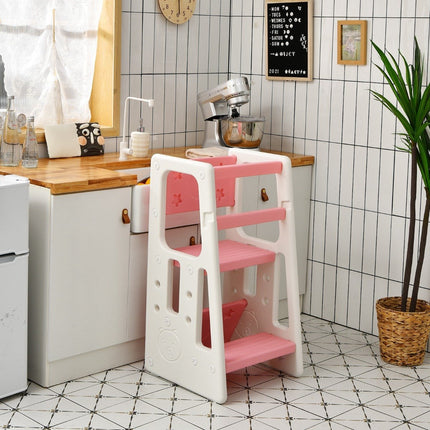 Children's Kitchen Stool with Double Safety Handrails & 3 Adjustable Heights & Non-Slip Feet Pink