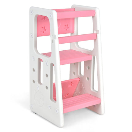 Children's Kitchen Stool with Double Safety Handrails & 3 Adjustable Heights & Non-Slip Feet Pink
