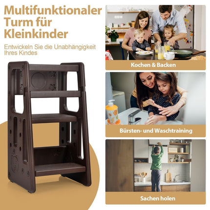 Children's Kitchen Stool with Double Safety Handrails Toddler Stool 46.5 x 46.5 x 90 cm Brown