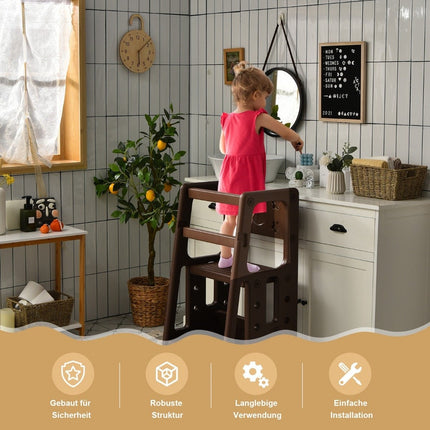 Children's Kitchen Stool with Double Safety Handrails Toddler Stool 46.5 x 46.5 x 90 cm Brown