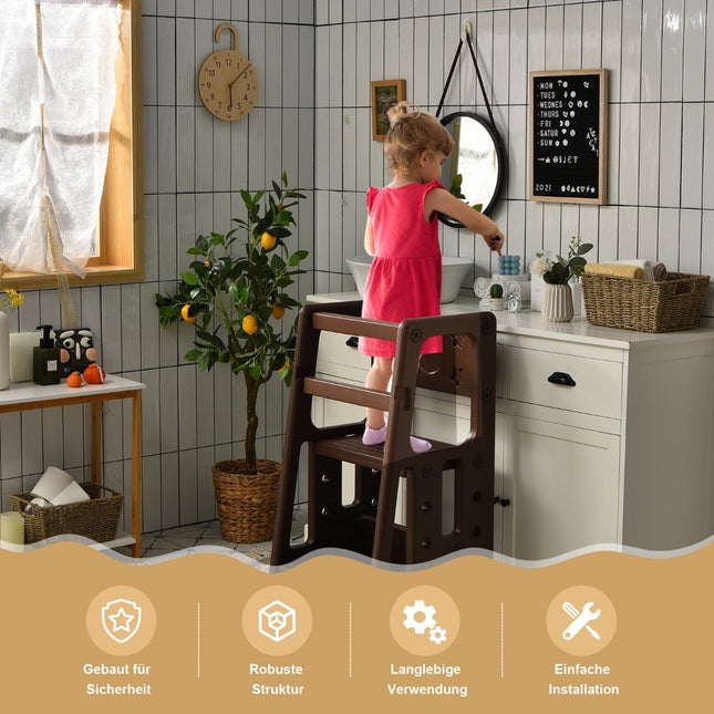 Children's Kitchen Stool with Double Safety Handrails Toddler Stool 46.5 x 46.5 x 90 cm Brown
