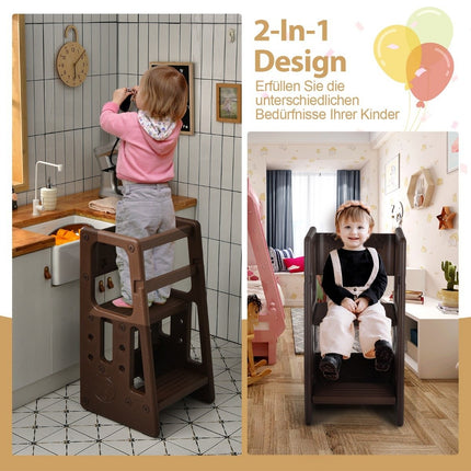 Children's Kitchen Stool with Double Safety Handrails Toddler Stool 46.5 x 46.5 x 90 cm Brown