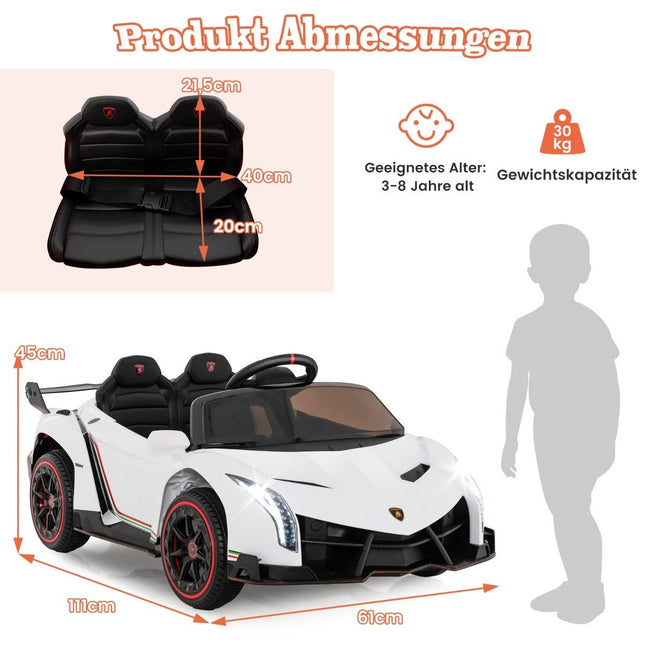Children's Lamborghini electric car with remote control & LED headlights & horn & music white