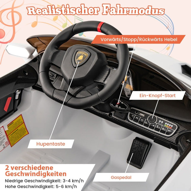 Children's Lamborghini electric car with remote control & LED headlights & horn & music white