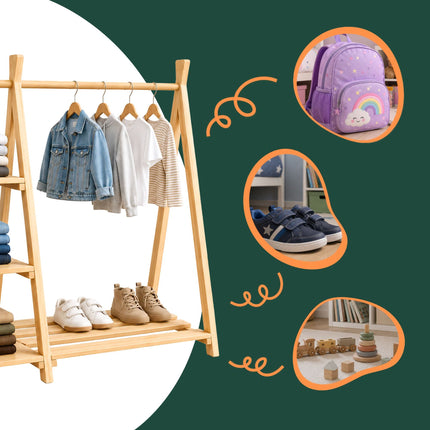 Children's Pine Clothes Rack with Shelf, Natural Finish