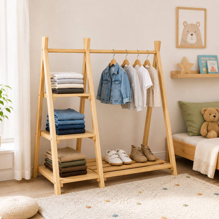 Children's Pine Clothes Rack with Shelf, Natural Finish