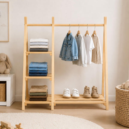 Children's Pine Clothes Rack with Shelf, Natural Finish