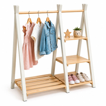 Children's Pine Clothes Rack with Shelf, Natural White