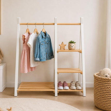 Children's Pine Clothes Rack with Shelf, Natural White