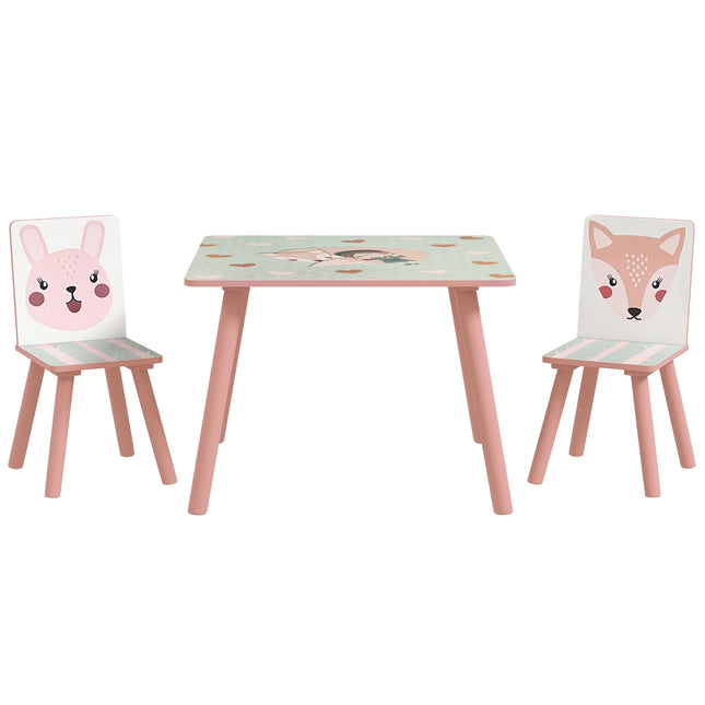 Children's Pine Table Set with 2 Chairs, Animal Design, Ages 3-8