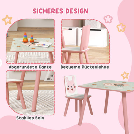 Children's Pine Table Set with 2 Chairs, Animal Design, Ages 3-8