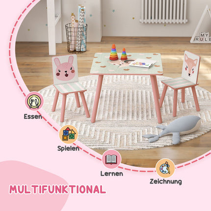 Children's Pine Table Set with 2 Chairs, Animal Design, Ages 3-8