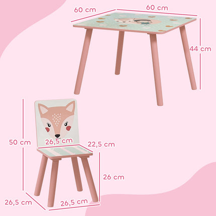 Children's Pine Table Set with 2 Chairs, Animal Design, Ages 3-8