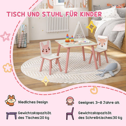 Children's Pine Table Set with 2 Chairs, Animal Design, Ages 3-8