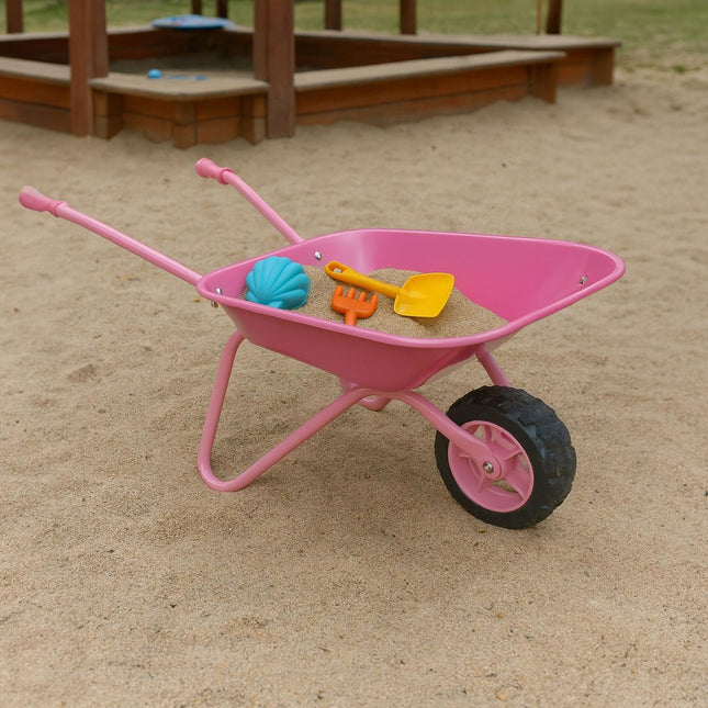Children's Pink Metal Wheelbarrow – Rubber Wheel, Handles