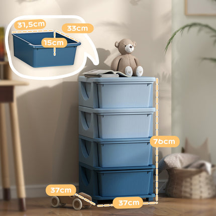 Children's blue 4-tier toy organizer chest of drawers