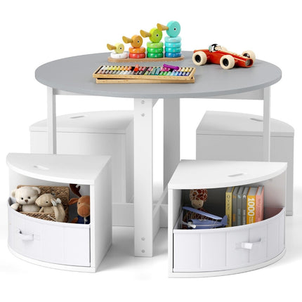 Children's Round Table Set with 4 Storage Stools, Grey