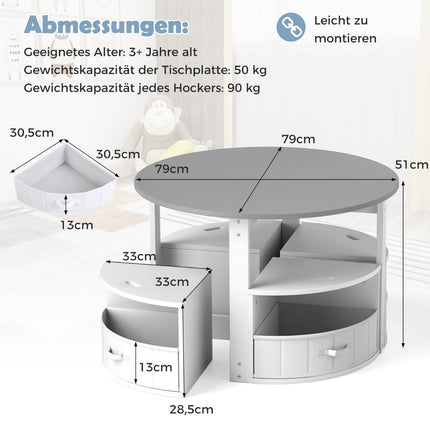 Children's Round Table Set with 4 Storage Stools, Grey
