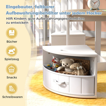 Children's Round Table Set with 4 Storage Stools, Wood