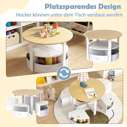 Children's Round Table Set with 4 Storage Stools, Wood