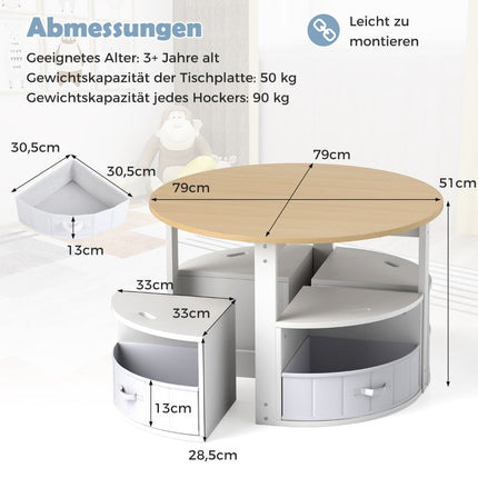 Children's Round Table Set with 4 Storage Stools, Wood