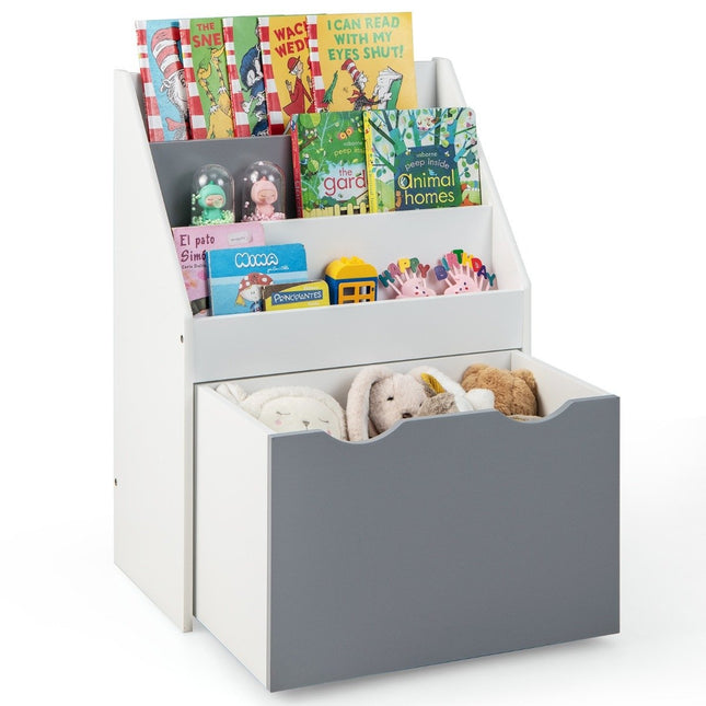 Children's Shelf with 3 Shelves & Rolling Toy Box Children's Bookshelf Gray + White