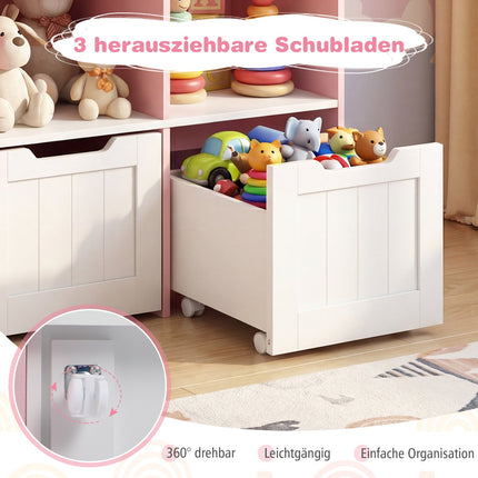 Children's Storage Cabinet with Shelves and Drawers on Wheels