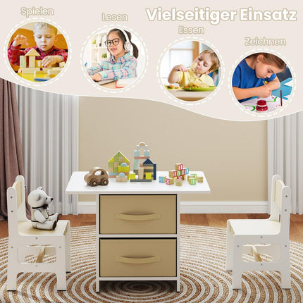 Children's Table Set with 2 Chairs, Storage Baskets, Wood