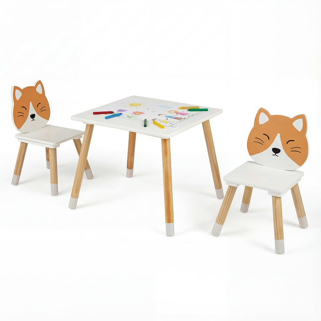 Children's Table and 2 Chairs Set, White, Pine Legs