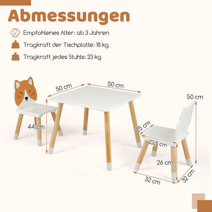 Children's Table and 2 Chairs Set, White, Pine Legs