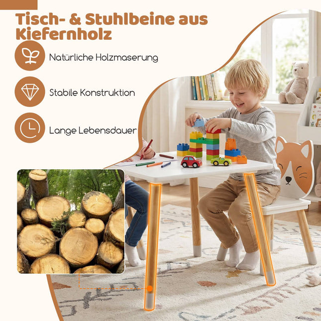 Children's Table and 2 Chairs Set, White, Pine Legs