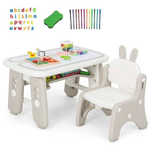 Children's Table and Chair Set Artificial Table and Chair for Toddlers with Hinged Bookshelf Gray