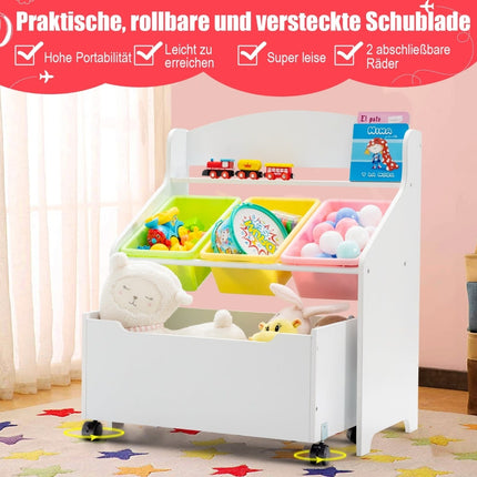 Children's Toy Storage Shelf with Wheels, White MDF