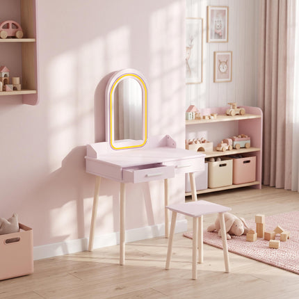 Children's Vanity Table Set with LED Mirror and Stool
