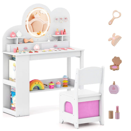 Children's Vanity Table Set with Lights, Mirror, and Chair