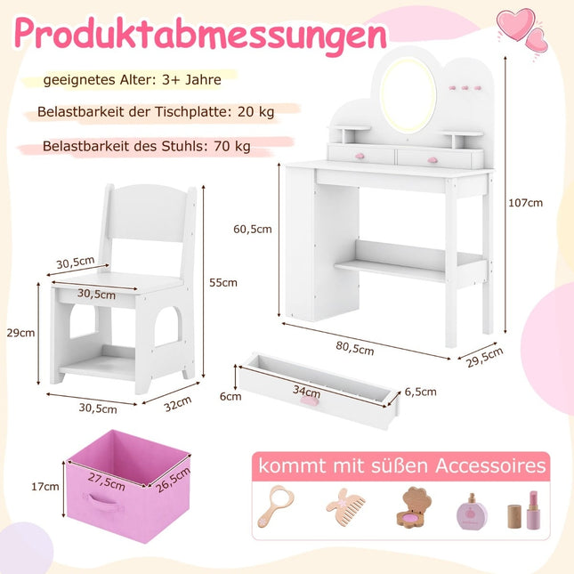 Children's Vanity Table Set with Lights, Mirror, and Chair