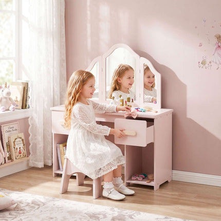 Children's Vanity Table Set with Stool and Mirror, Pink