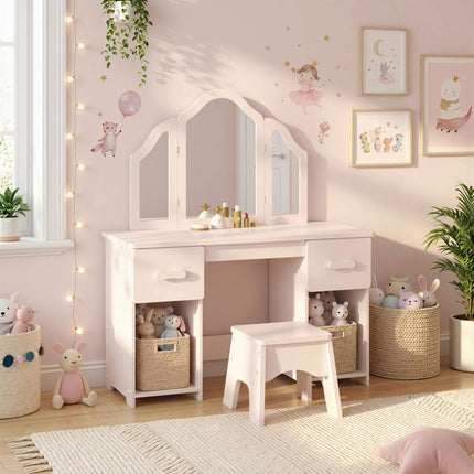 Children's Vanity Table Set with Stool and Mirror, Pink