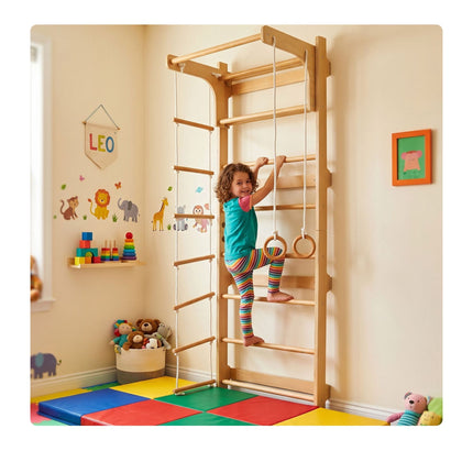 Children's Wall Bars with Pull-Up Bar, Natural Wood