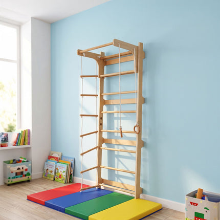Children's Wall Bars with Pull-Up Bar, Natural Wood
