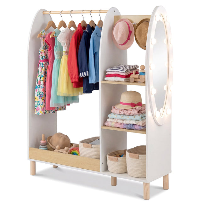 Children's Wardrobe with LED Mirror and Storage Shelves
