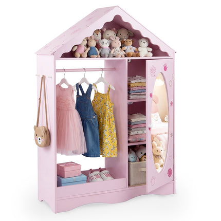 Children's Wardrobe with Mirror, Pink/White, Roof Design