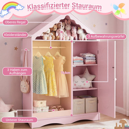 Children's Wardrobe with Mirror, Pink/White, Roof Design