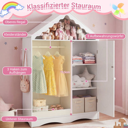 Children's Wardrobe with Mirror, Roof Design, Pink/White
