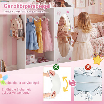 Children's Wardrobe with Mirror, Roof Design, Pink/White