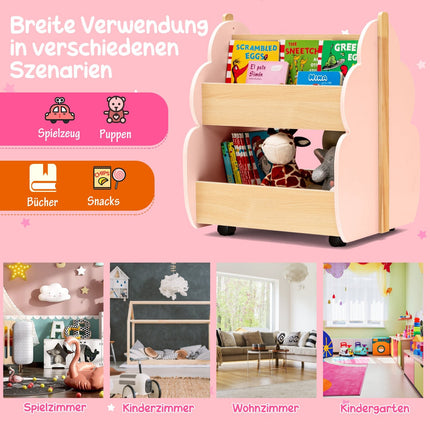 Children's Wooden Bookshelf with Wheels, 2-Tier, Pink