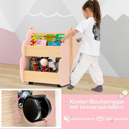 Children's Wooden Bookshelf with Wheels, 2-Tier, Pink